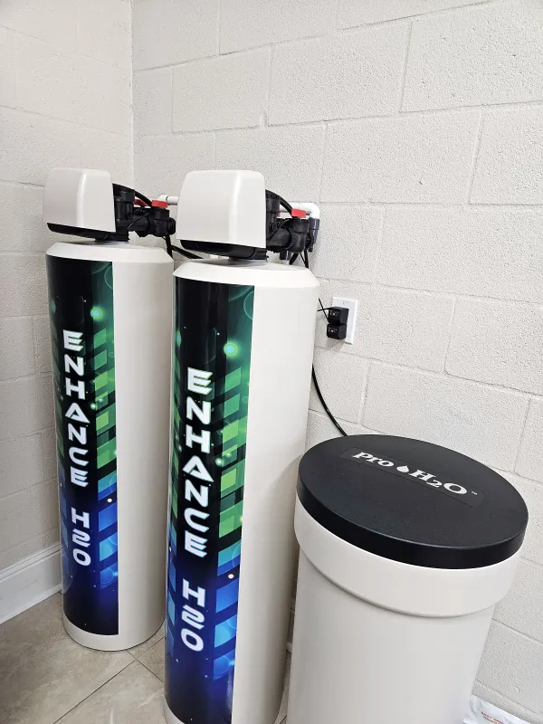 Dual EnhanceH2O water softener system with brine tank